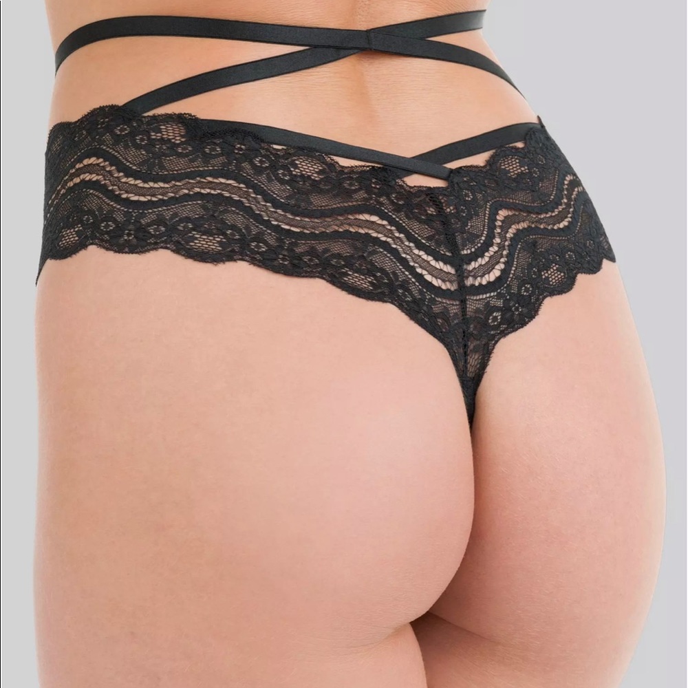 Lovehoney Black Strappy Lace Criss-Cross Crotchless Thong